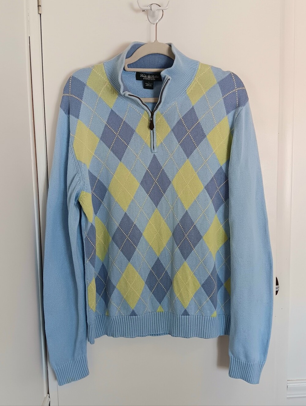 Vintage Brooks Brothers Light Blue and Yellow Argyle Half-Zip Sweater Cotton 346